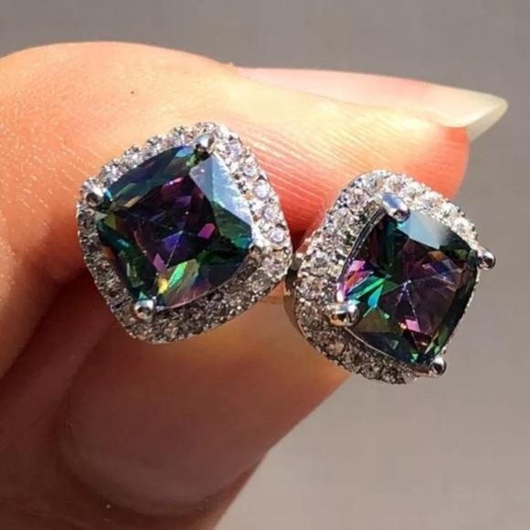 RAINBOW MYSTIC TOPAZ DIAMOND HALO STUD EARRINGS - Picture 1 of 4